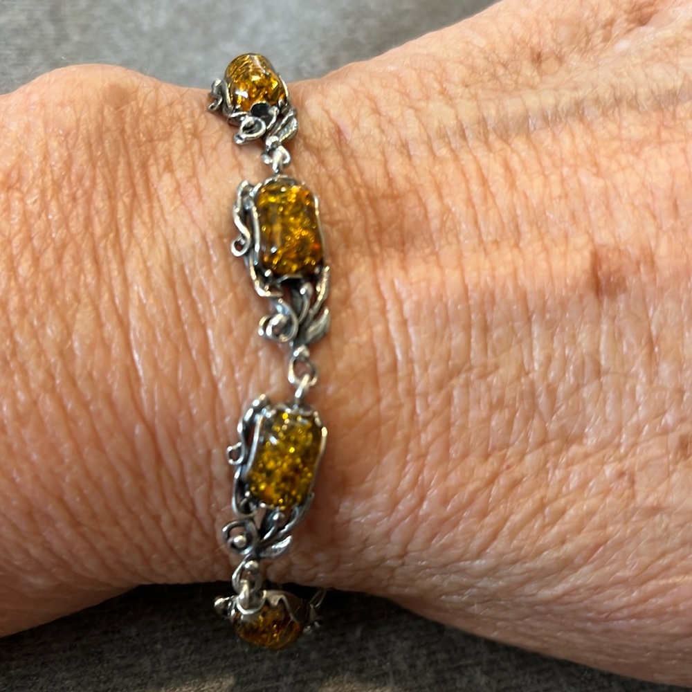 Sterling Honey Amber Rectangle Link Bracelet - Picture 8 of 8
